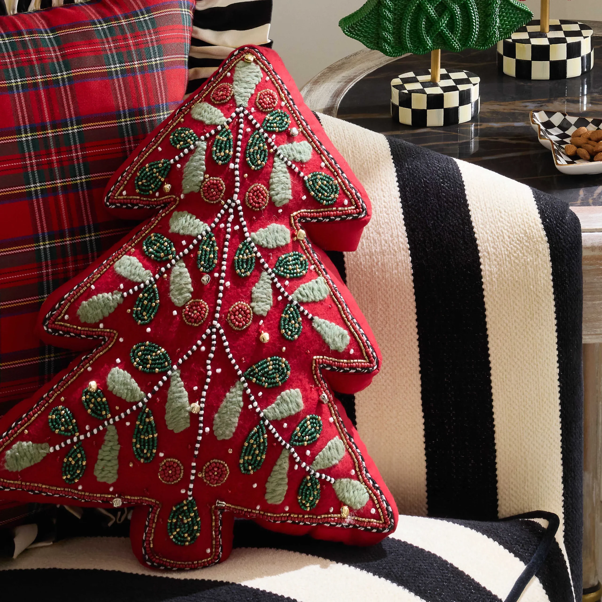 MacKenzie-Childs Holiday Red Tree Shaped Embroidered Throw Pillow| Pillows, Throws, & Cushions