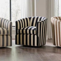 MacKenzie-Childs Marquee Black Stripe Chenille Swivel Chair| Living Room