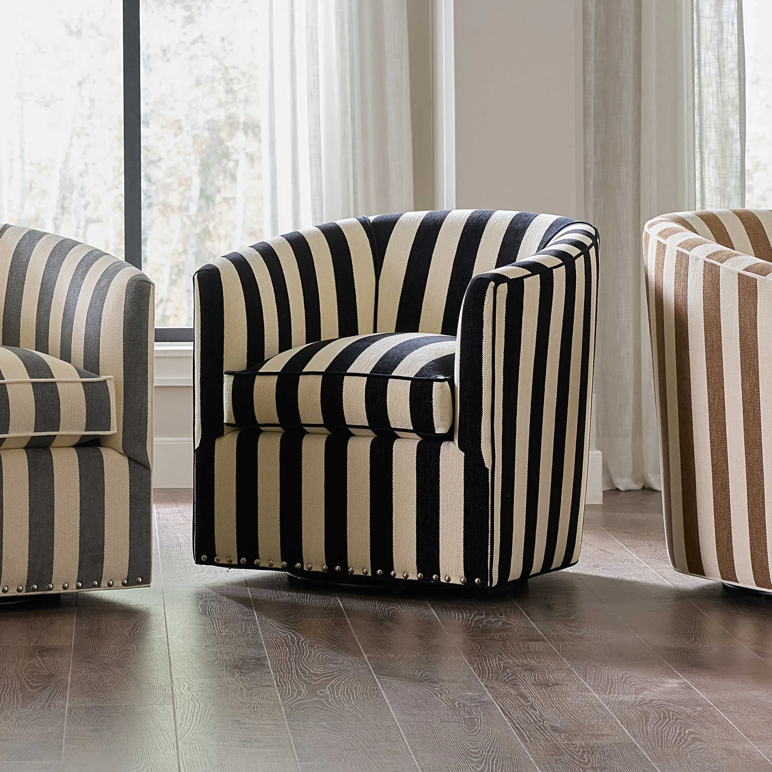 MacKenzie-Childs Marquee Black Stripe Chenille Swivel Chair| Living Room