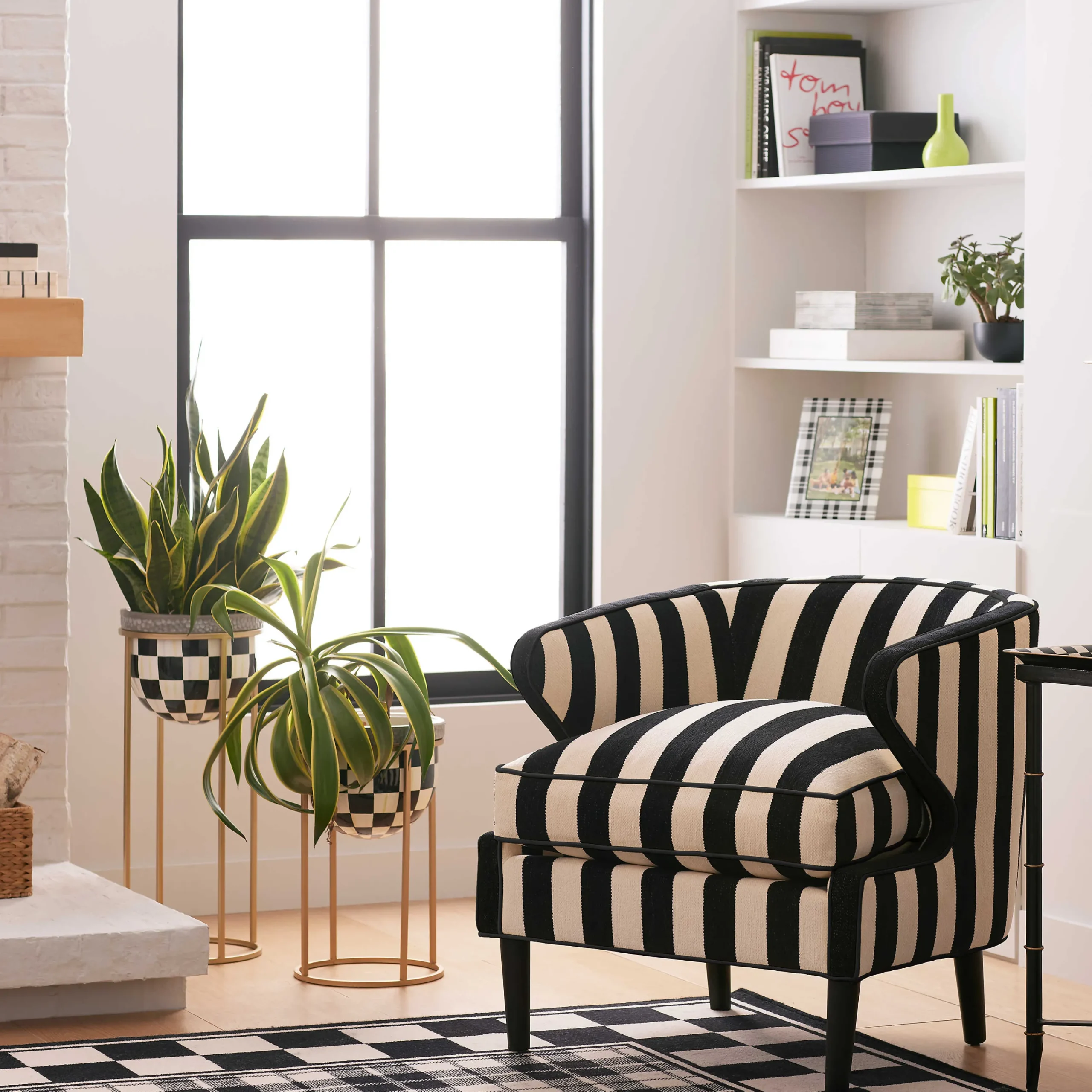MacKenzie-Childs Marquee Black Stripe Chenille Accent Chair| Living Room