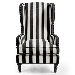 MacKenzie-Childs Marquee Black Stripe Chenille Wing Chair| Living Room