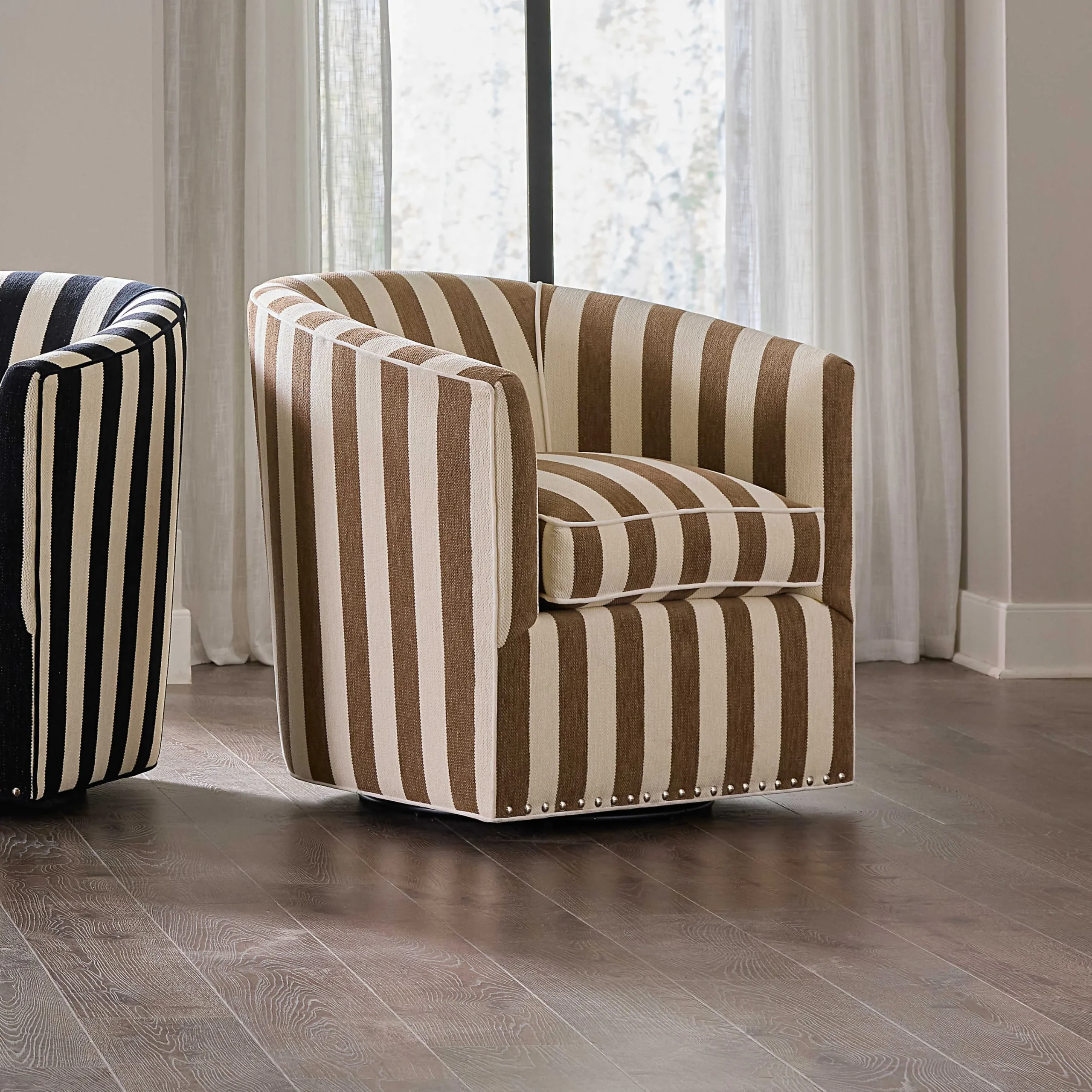 MacKenzie-Childs Marquee Brown Stripe Chenille Swivel Chair| Living Room
