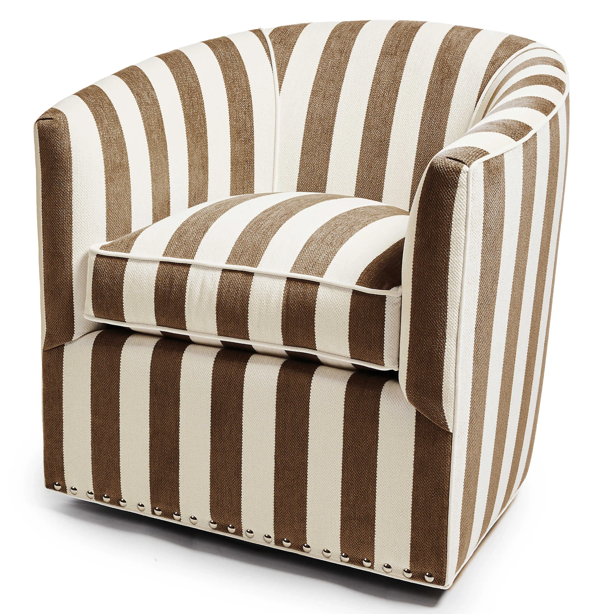 MacKenzie-Childs Marquee Brown Stripe Chenille Swivel Chair| Living Room