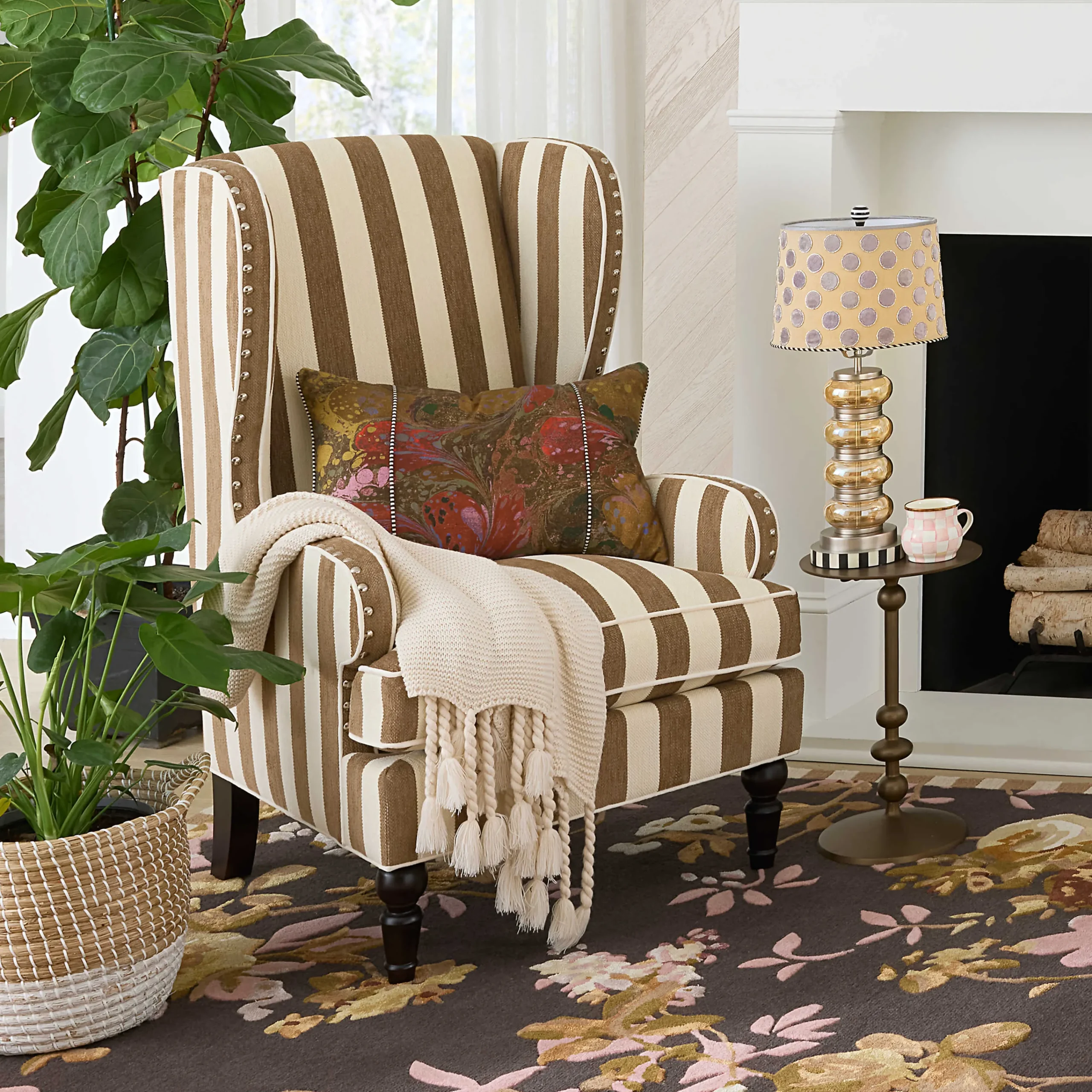 MacKenzie-Childs Marquee Brown Stripe Chenille Wing Chair| Living Room