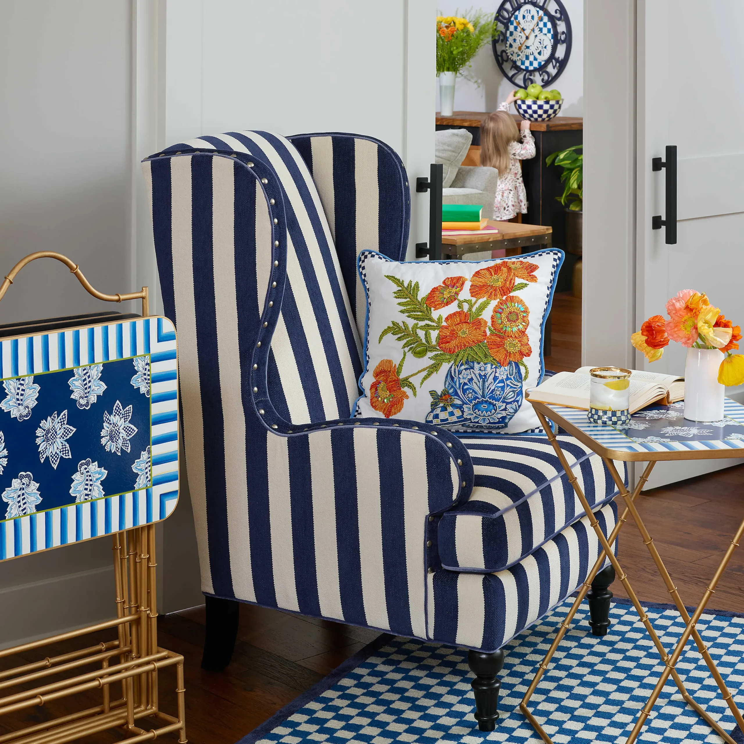 MacKenzie-Childs Marquee Navy Stripe Chenille Wing Chair| Living Room