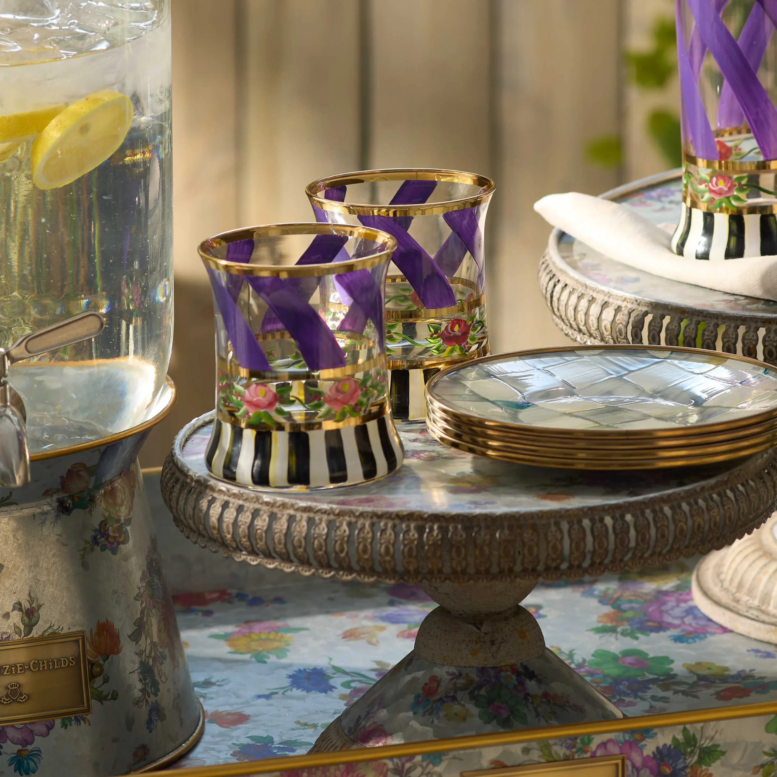 MacKenzie-Childs Maypole Lavender Tumbler Glass, Set of 2| Drinkware