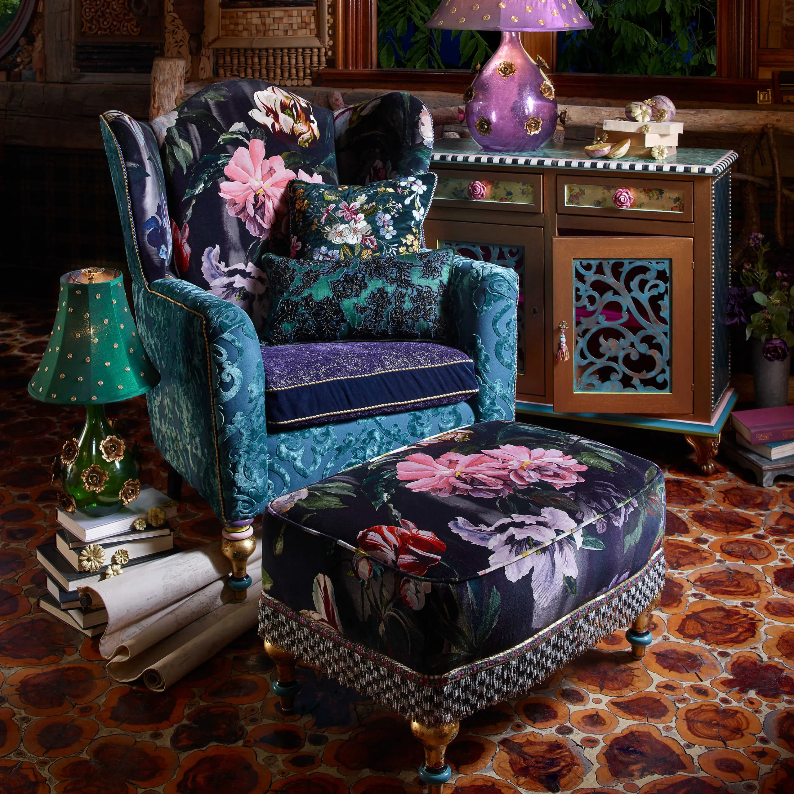 MacKenzie-Childs Moonlight Garden Rumor Has It Ottoman| Living Room