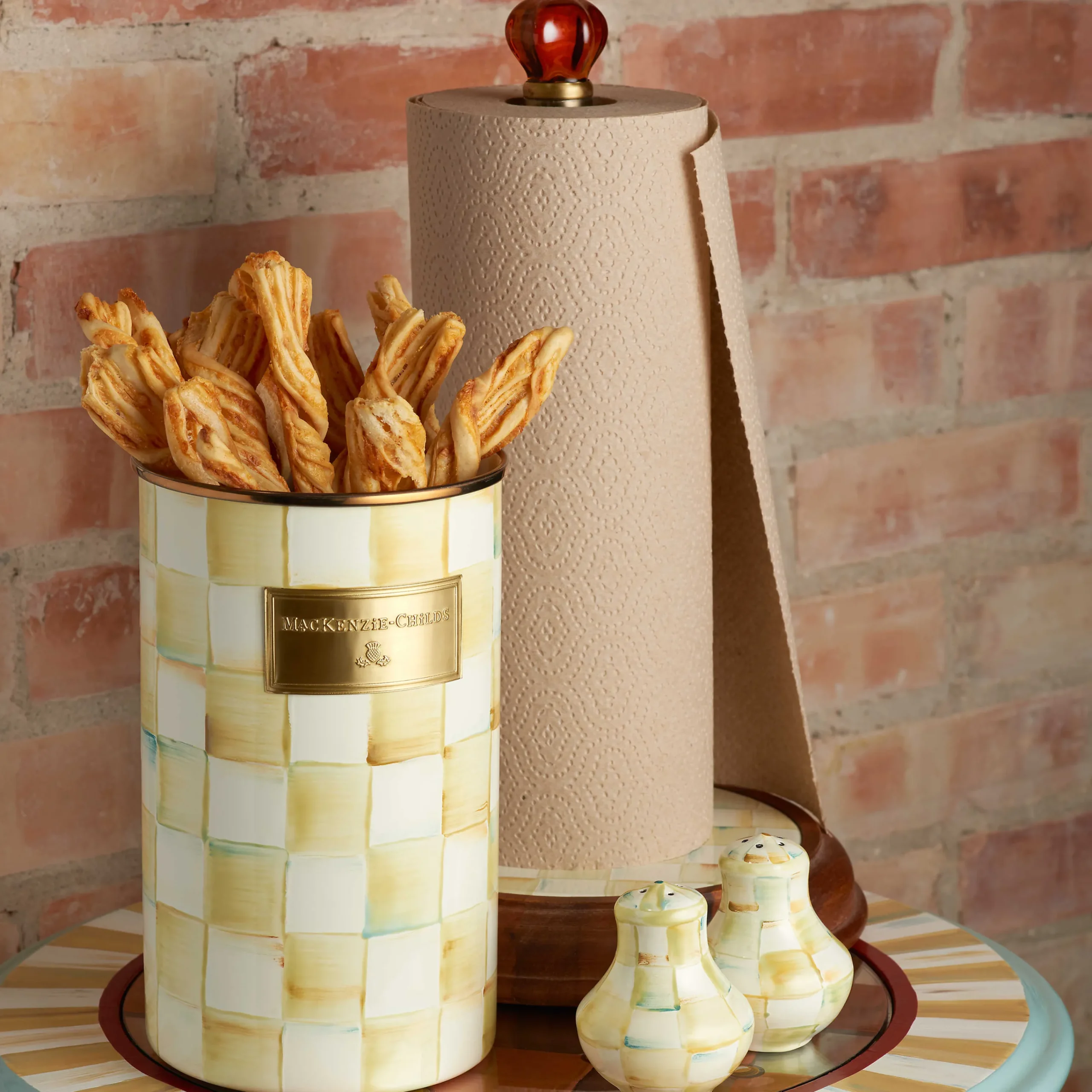 MacKenzie-Childs Parchment Check Wood Paper Towel Holder| Kitchen Storage & Organization