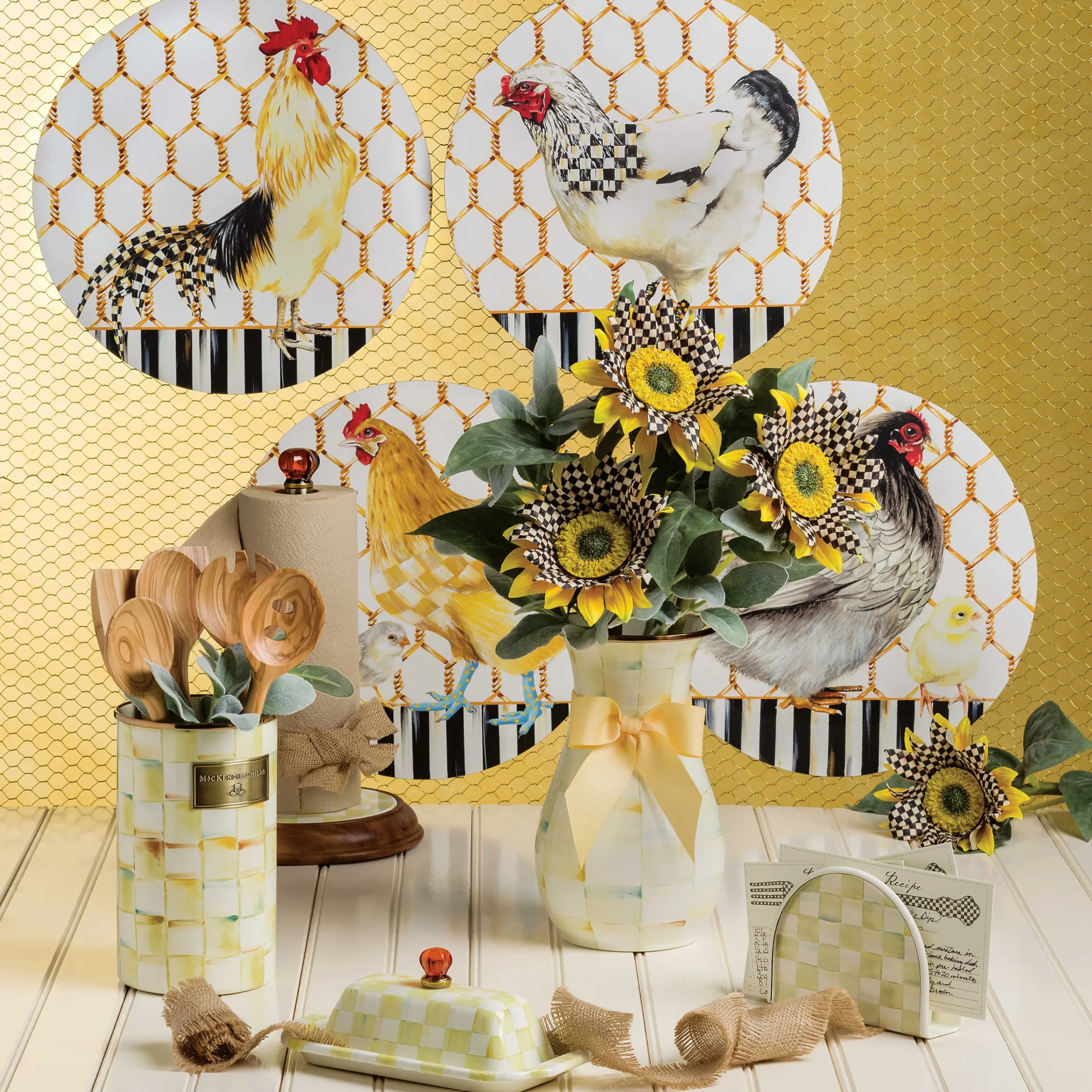 MacKenzie-Childs Parchment Check Wood Paper Towel Holder| Kitchen Storage & Organization