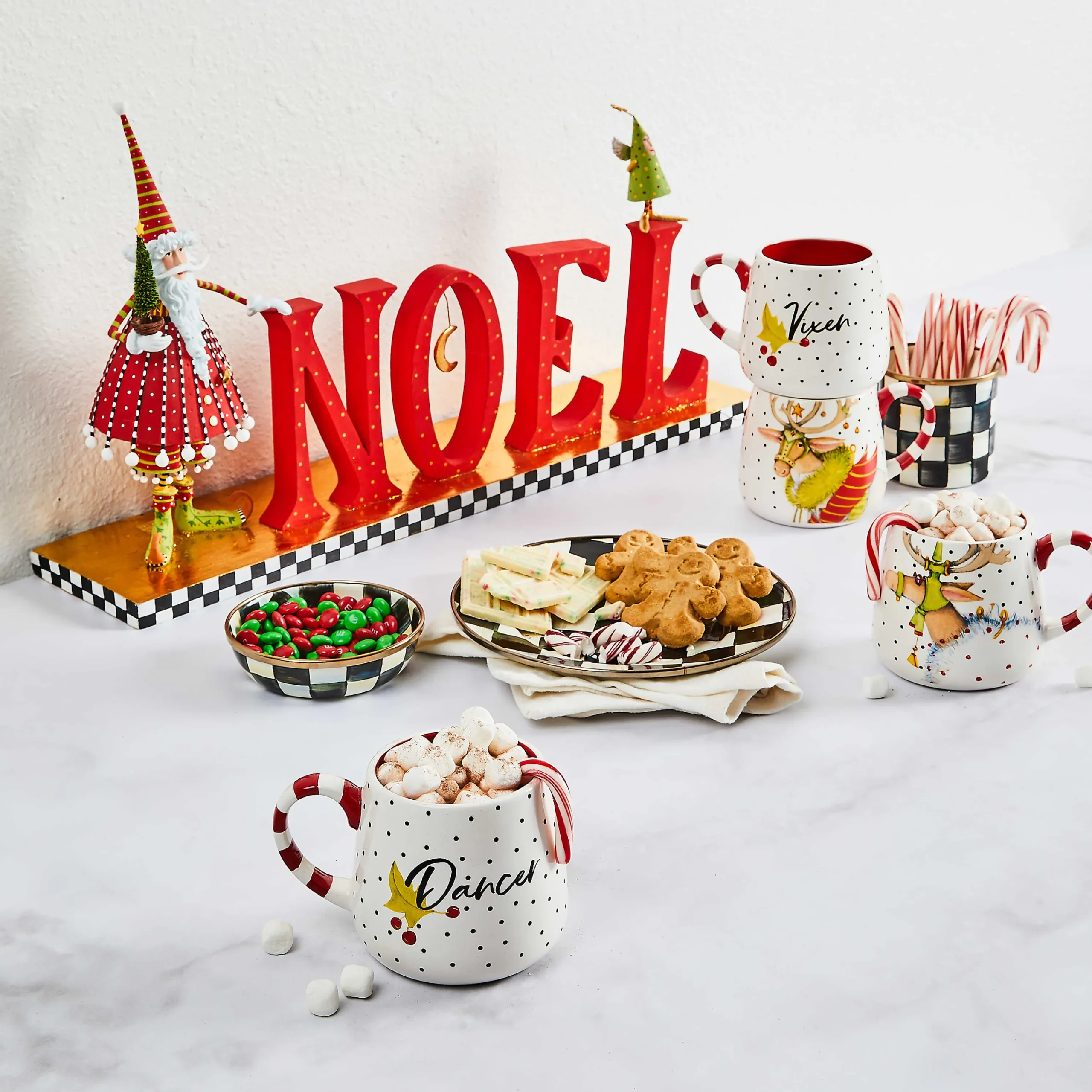 MacKenzie-Childs Patience Brewster Dash Away Reindeer Mugs, Set of 4| Holiday|Drinkware