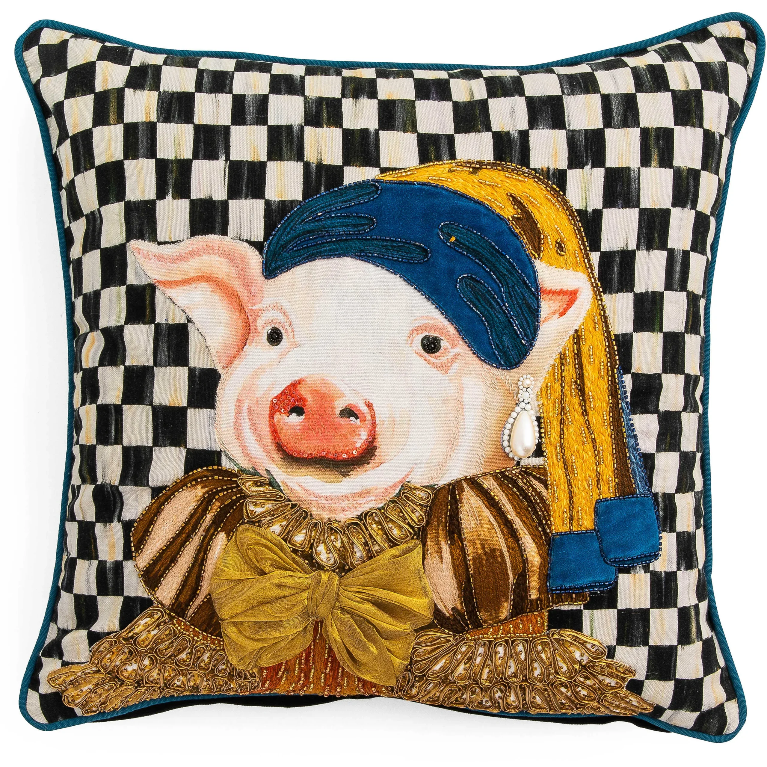 MacKenzie-Childs Pig With Pearl Earring Throw Pillow| Pillows, Throws, & Cushions