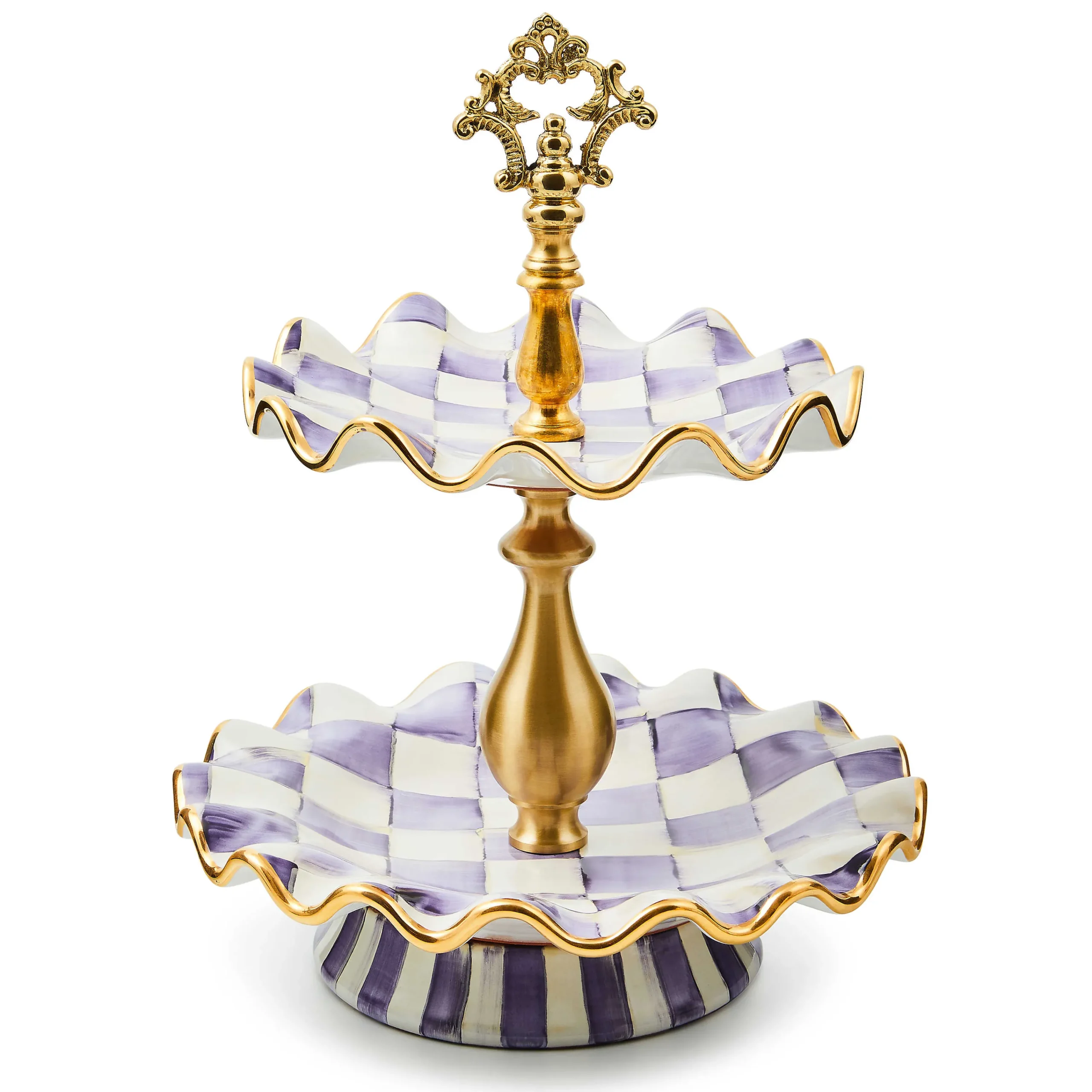 MacKenzie-Childs Plum Check Ceramic Two Tier Sweet Stand| Fall Entertaining|Serveware