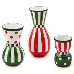 MacKenzie-Childs Red  Green Ceramic Vases, Set of 3| Holiday|Greenery & Florals