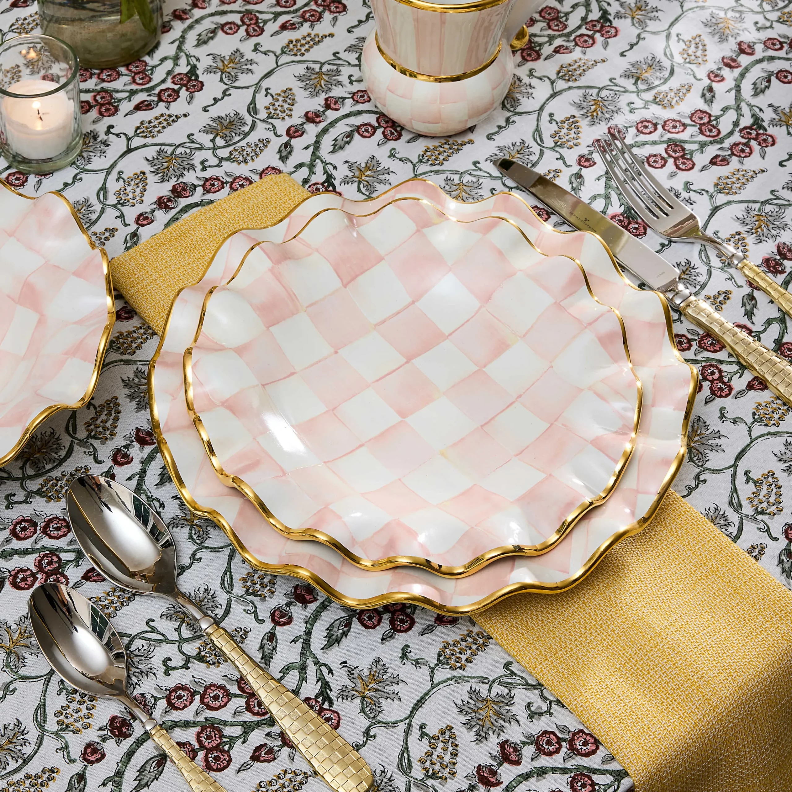 MacKenzie-Childs Rosy Check Ceramic Fluted Dinner Plate| Fall Entertaining|Dinnerware & Flatware
