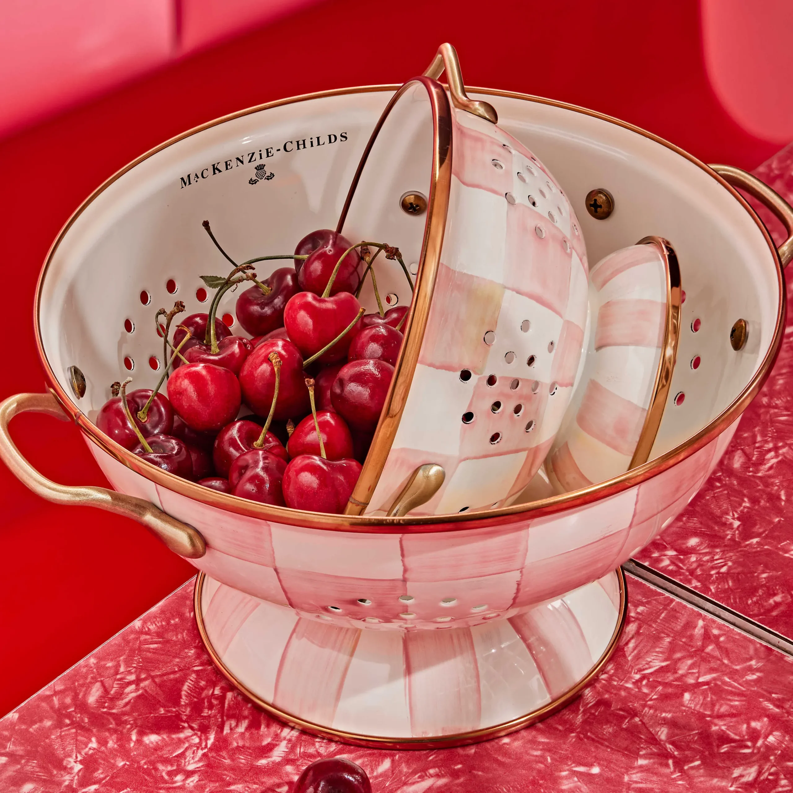 MacKenzie-Childs Rosy Check Large Colander| Spring|Kitchen Utensils & Tools