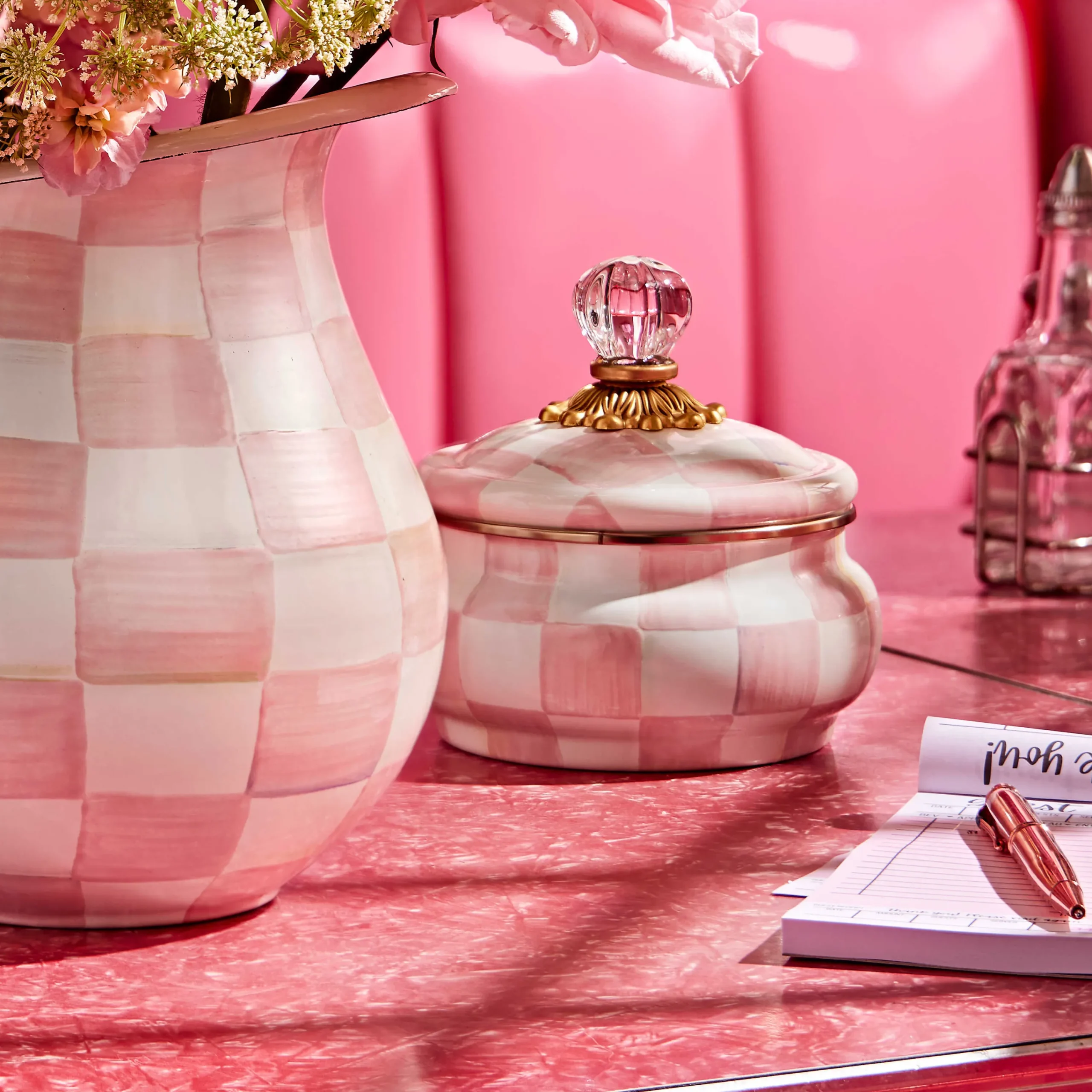 MacKenzie-Childs Rosy Check Squashed Pot| Spring|Bath & Bath Accessories