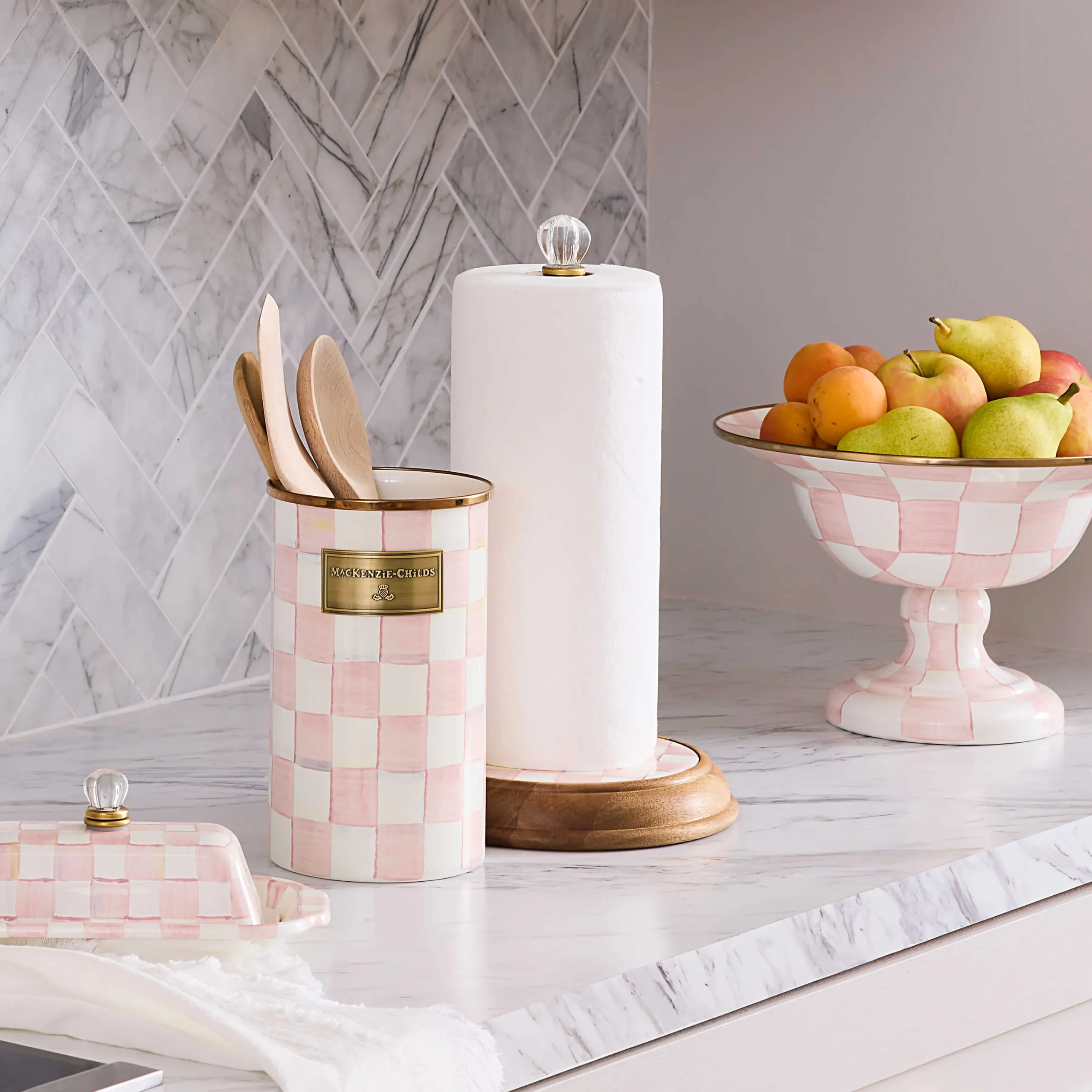 MacKenzie-Childs Rosy Check Wood Paper Towel Holder| Kitchen Storage & Organization