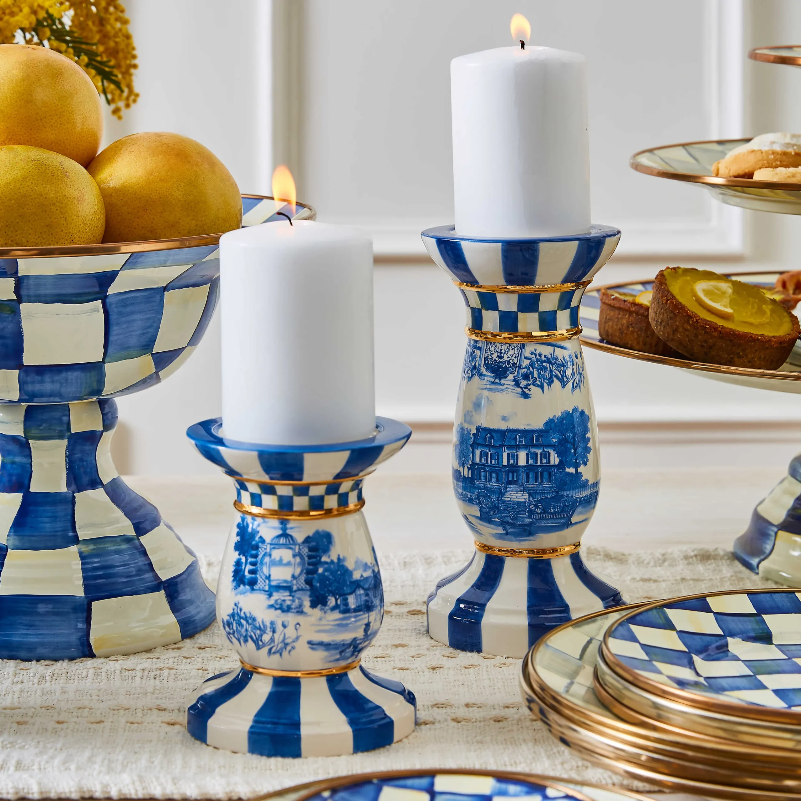 MacKenzie-Childs Royal Toile Short Pillar Candle Holder| Room Accents|Table Accessories