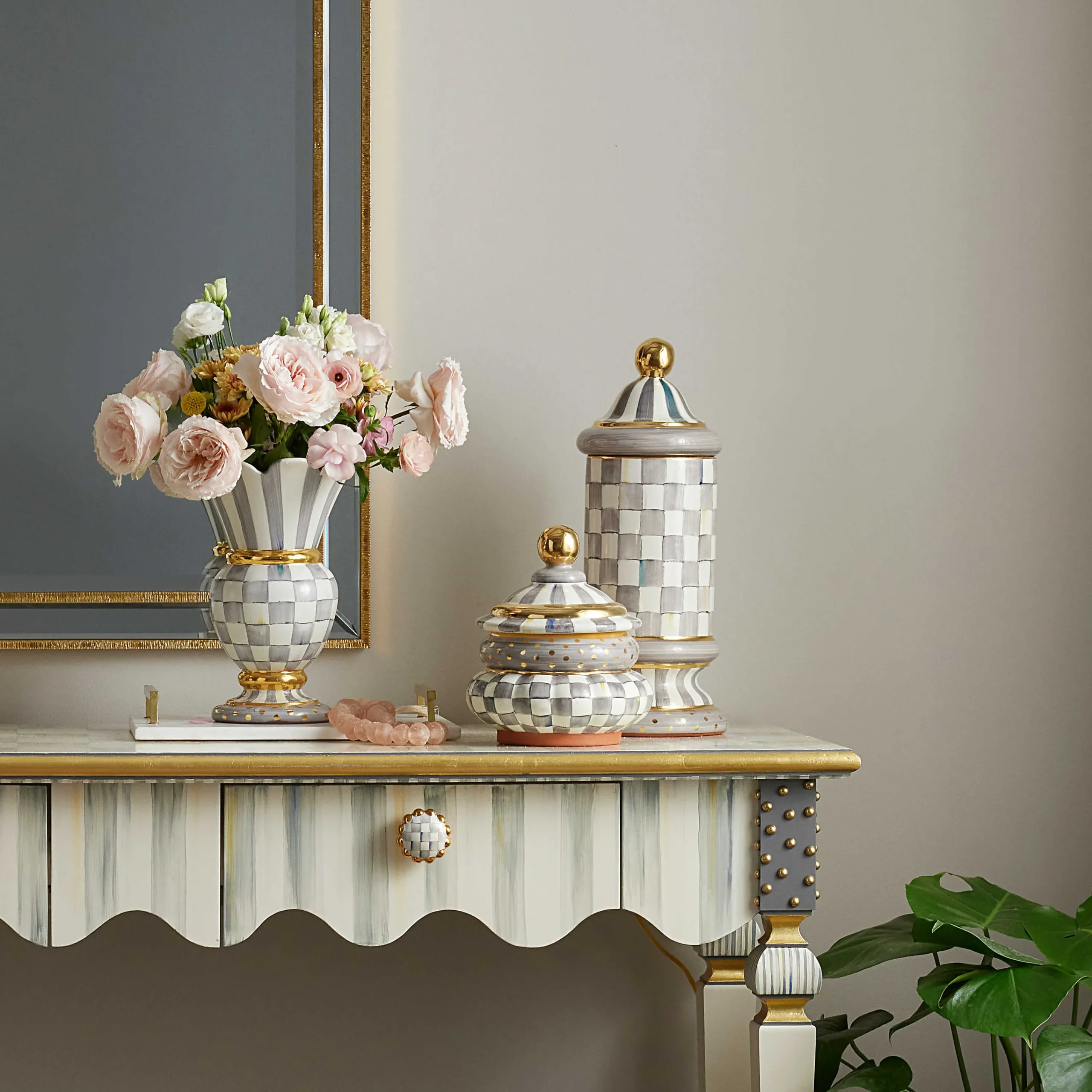 MacKenzie-Childs Sterling Check Ceramic Column Canister| Kitchen Storage & Organization