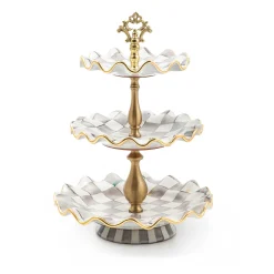 MacKenzie-Childs Sterling Check Ceramic Three Tier Sweet Stand| Bar Entertaining|Serveware