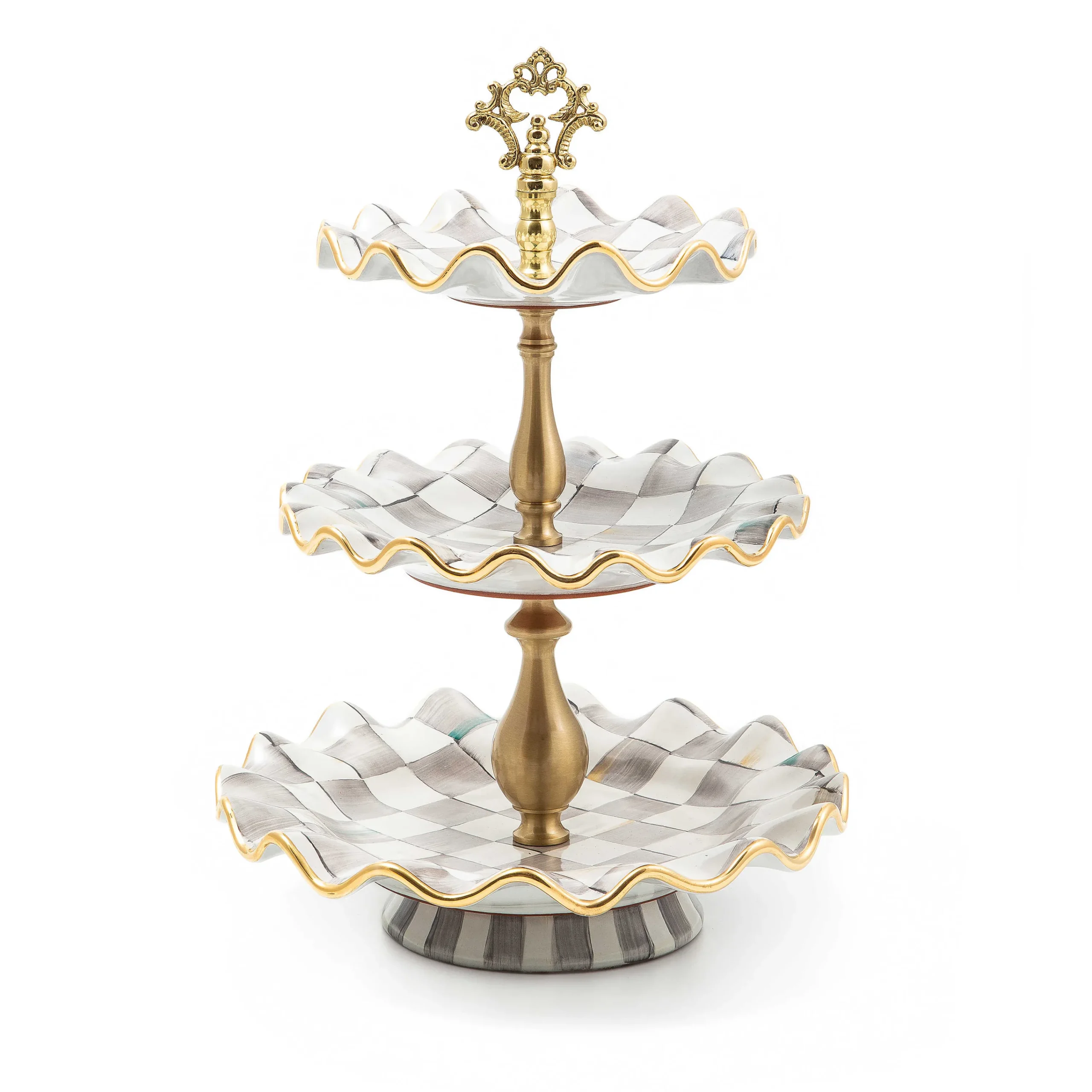 MacKenzie-Childs Sterling Check Ceramic Three Tier Sweet Stand| Bar Entertaining|Serveware