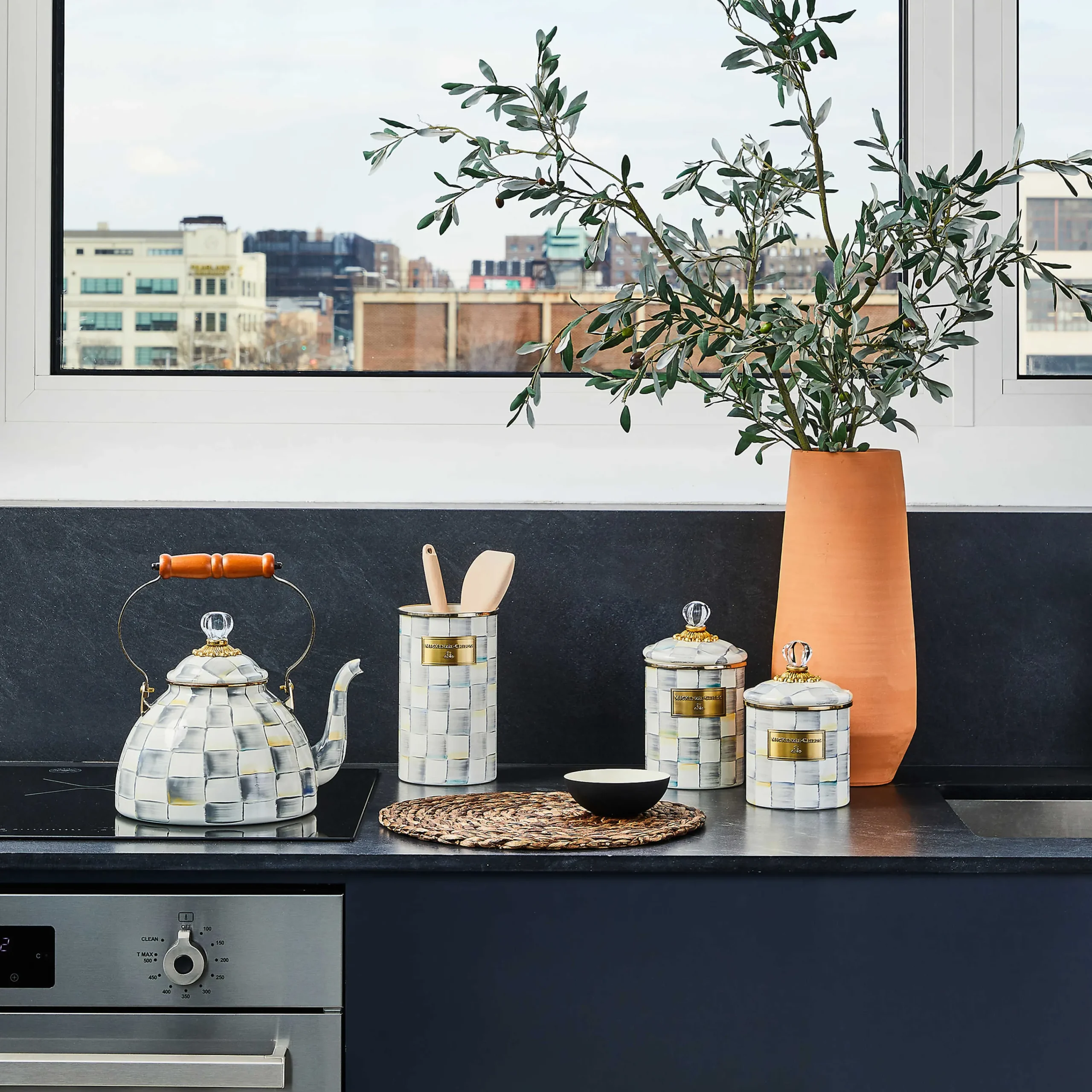 MacKenzie-Childs Sterling Check Medium Canister| Room Accents|Kitchen Storage & Organization