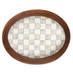 MacKenzie-Childs Sterling Check Rattan  Enamel Large Serving Tray| Bar Entertaining|Serveware