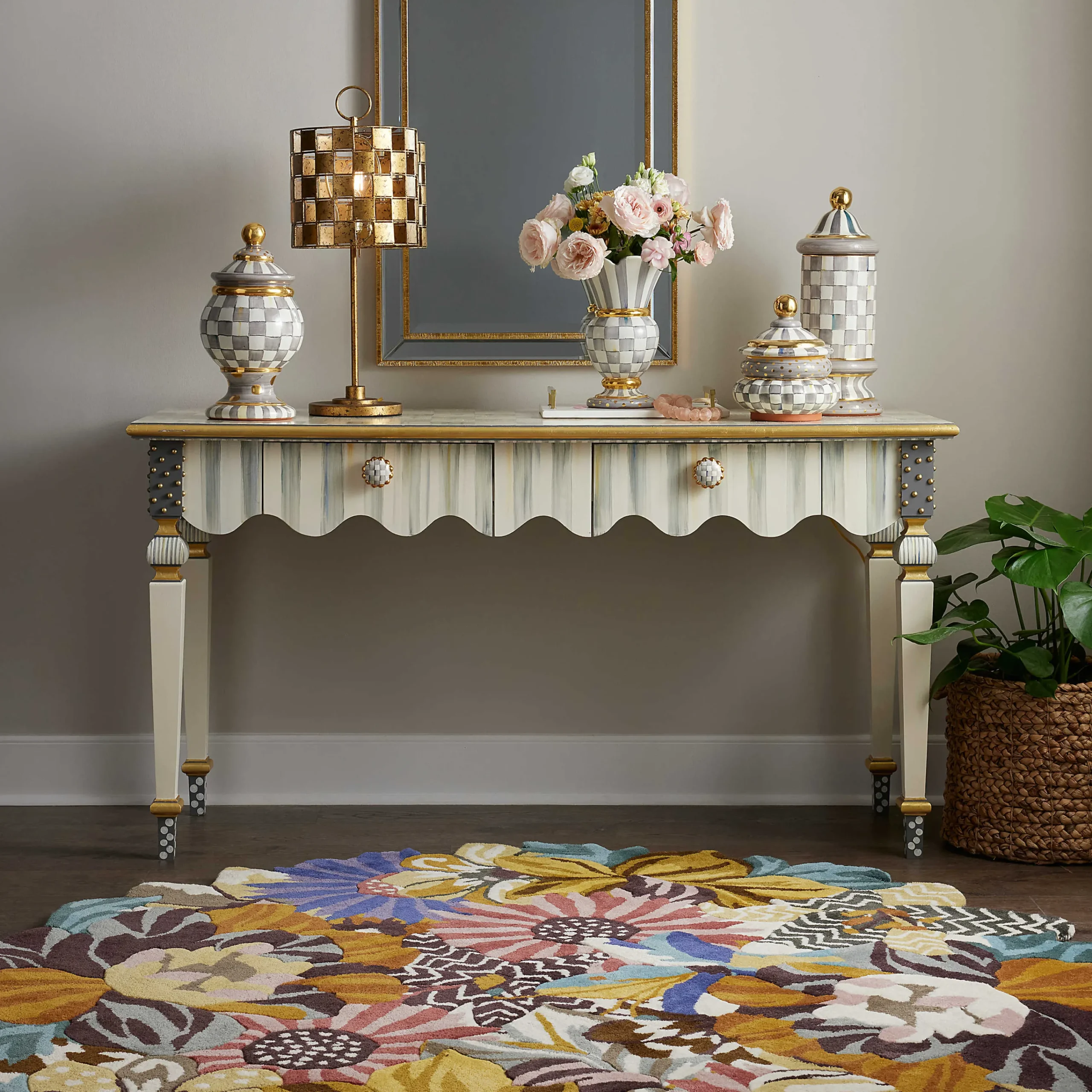 MacKenzie-Childs Sterling Check Stripe Console Table| Storage Furniture|Living Room