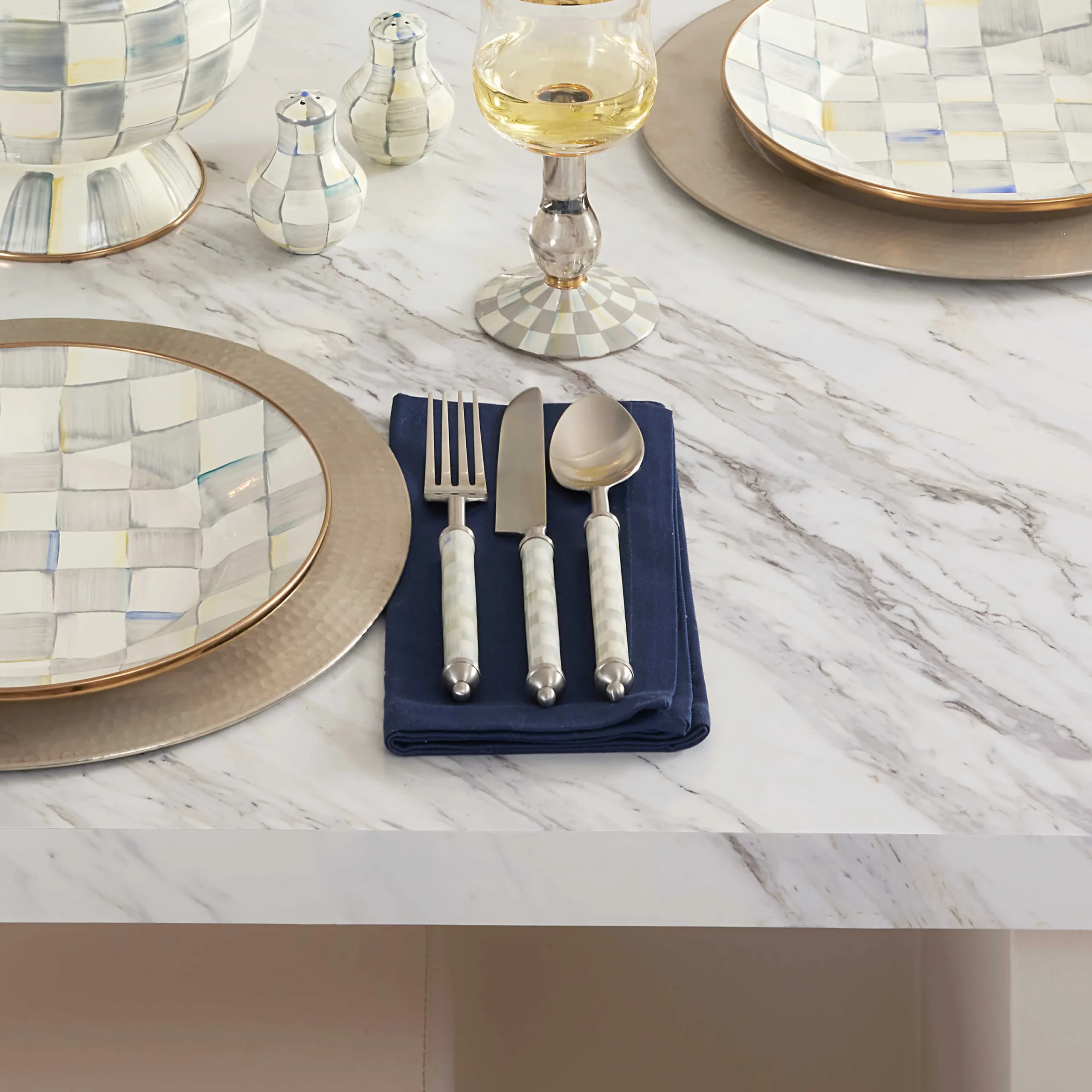 MacKenzie-Childs Sterling Check Supper Club 3-Piece Place Setting| Fall Entertaining|Dinnerware & Flatware