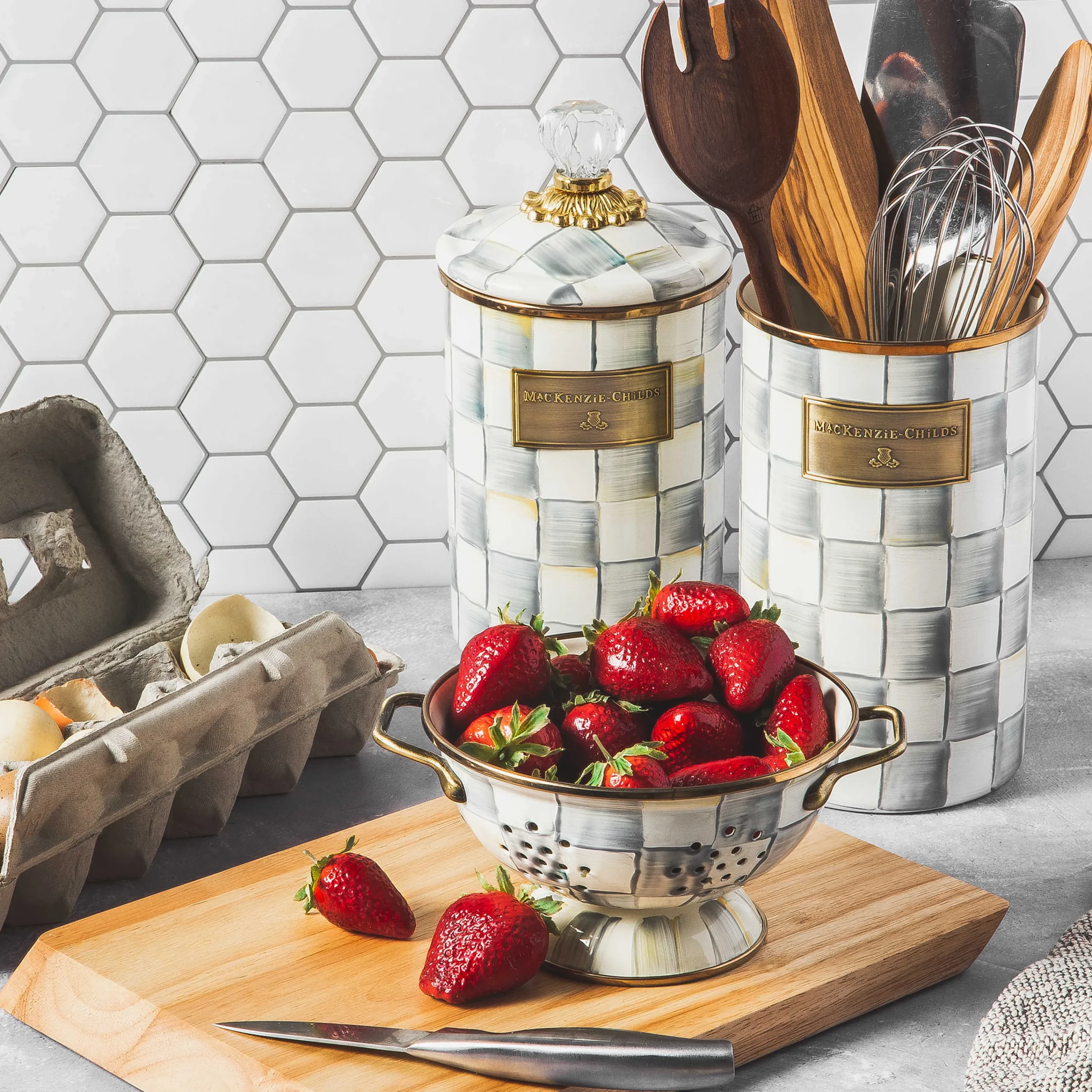 MacKenzie-Childs Sterling Check Utensil Holder| Kitchen Storage & Organization