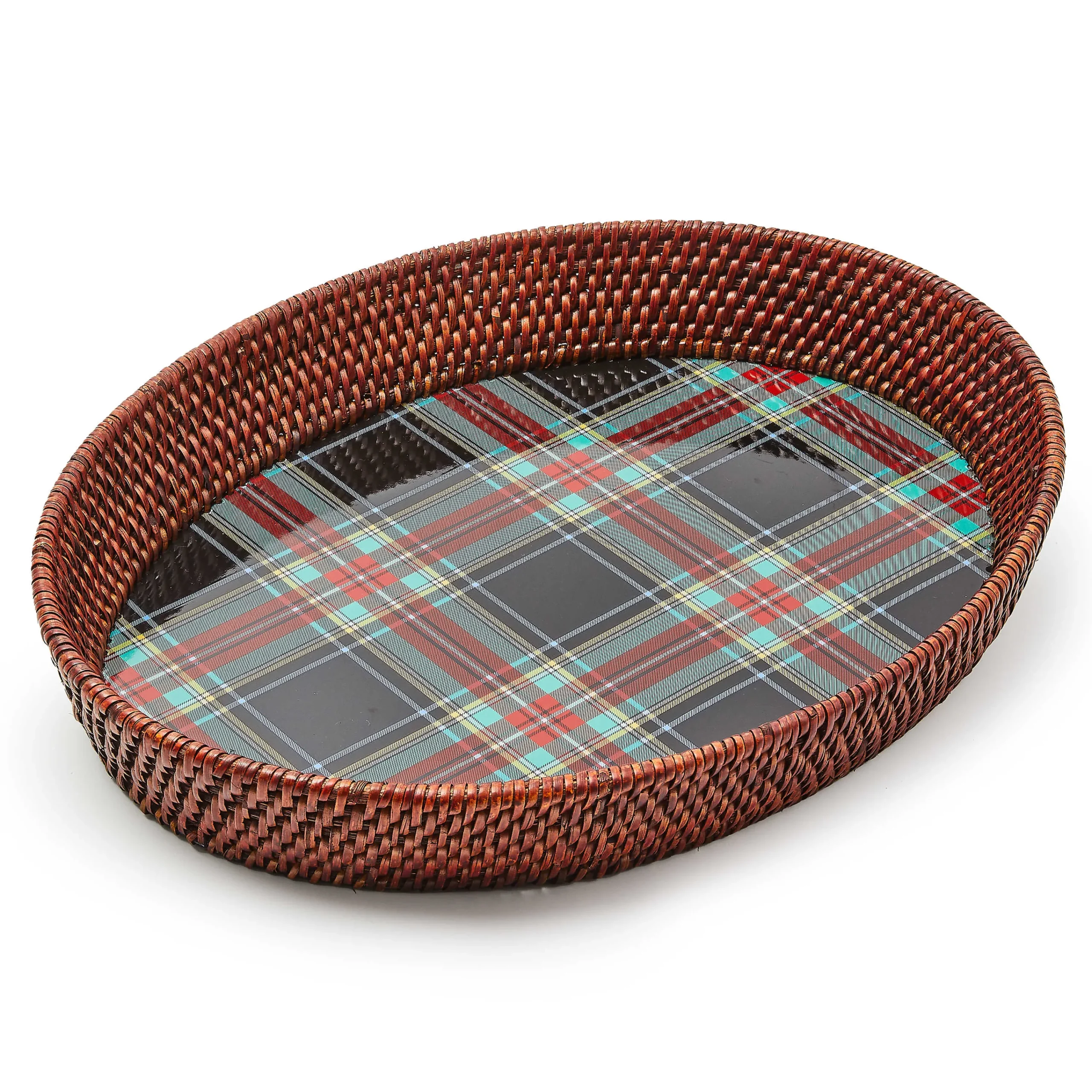 MacKenzie-Childs Tartan Large Black Rattan Serving Tray| Serveware