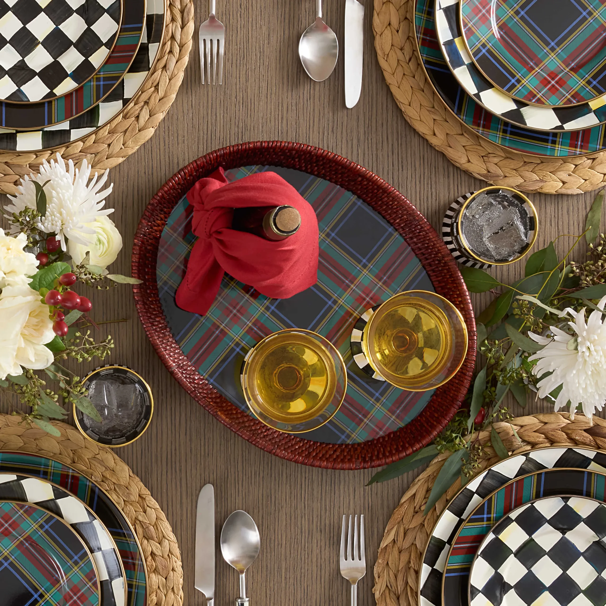 MacKenzie-Childs Tartan Large Black Rattan Serving Tray| Serveware