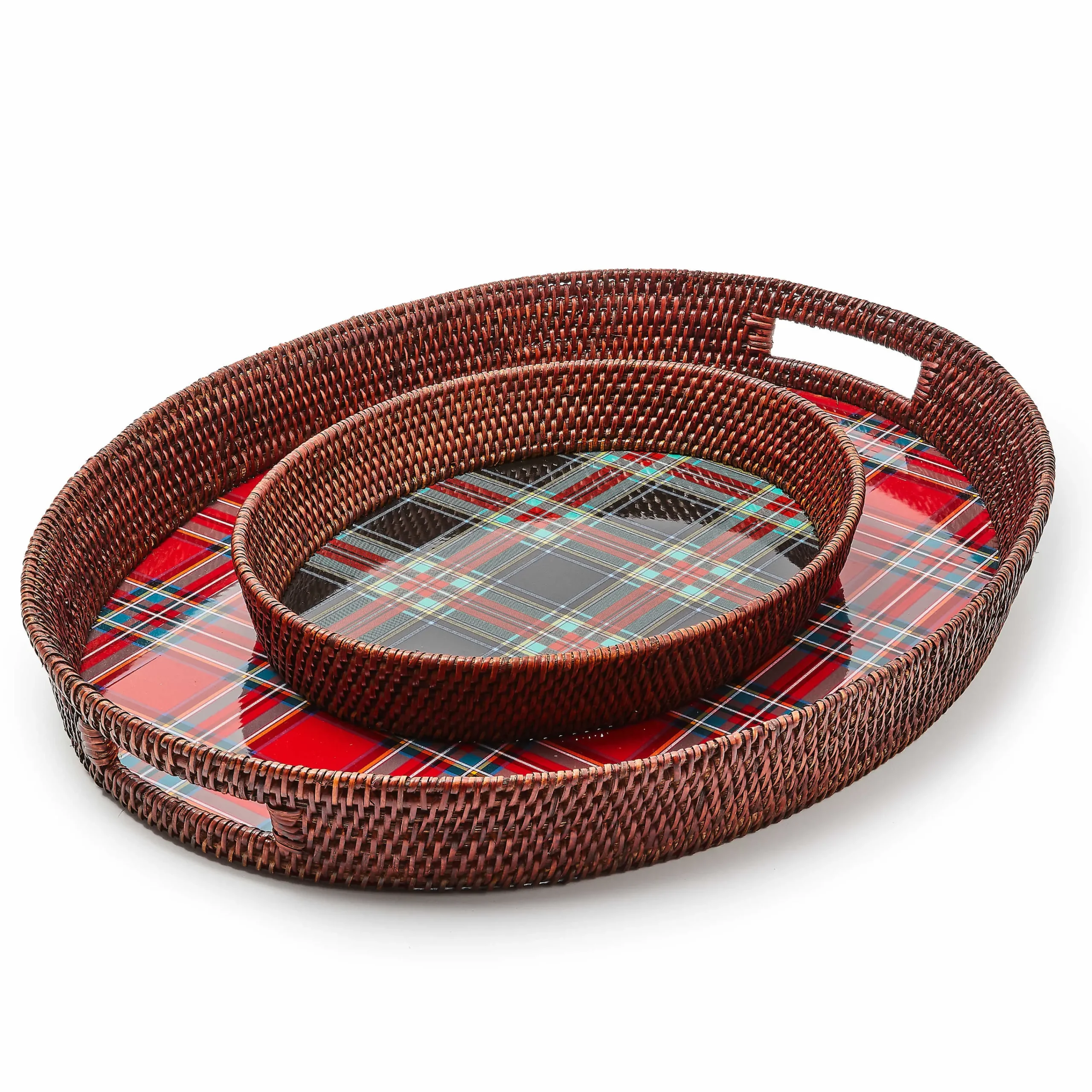 MacKenzie-Childs Tartan Large Black Rattan Serving Tray| Serveware