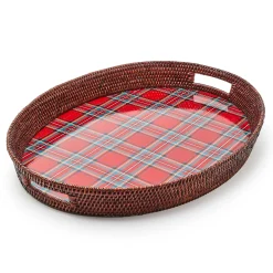MacKenzie-Childs Tartan Red Rattan Party Serving Tray| Serveware