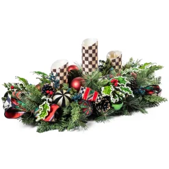 MacKenzie-Childs Tartastic Triple Candle Centerpiece| Holiday|Greenery & Florals