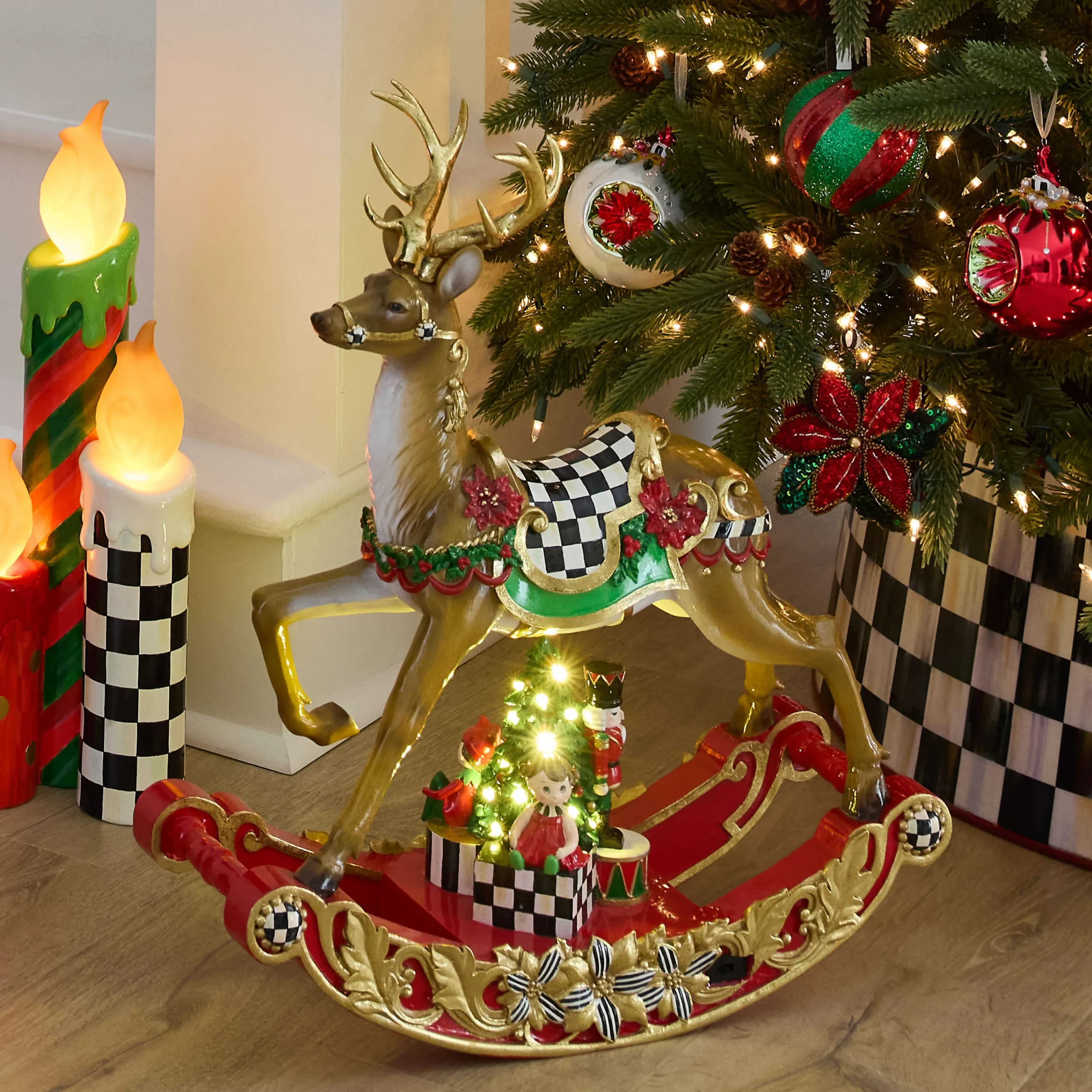 MacKenzie-Childs Traditional Christmas Illuminated Rocking Reindeer| Room Accents