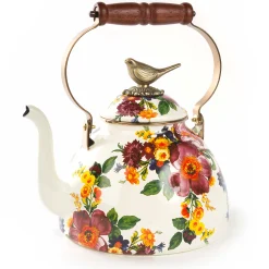 MacKenzie-Childs White Flower Market 3 Quart Tea Kettle with Bird| Cookware & Bakeware|Tea Kettles