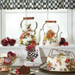 MacKenzie-Childs White Flower Market 3 Quart Tea Kettle with Bird| Cookware & Bakeware|Tea Kettles