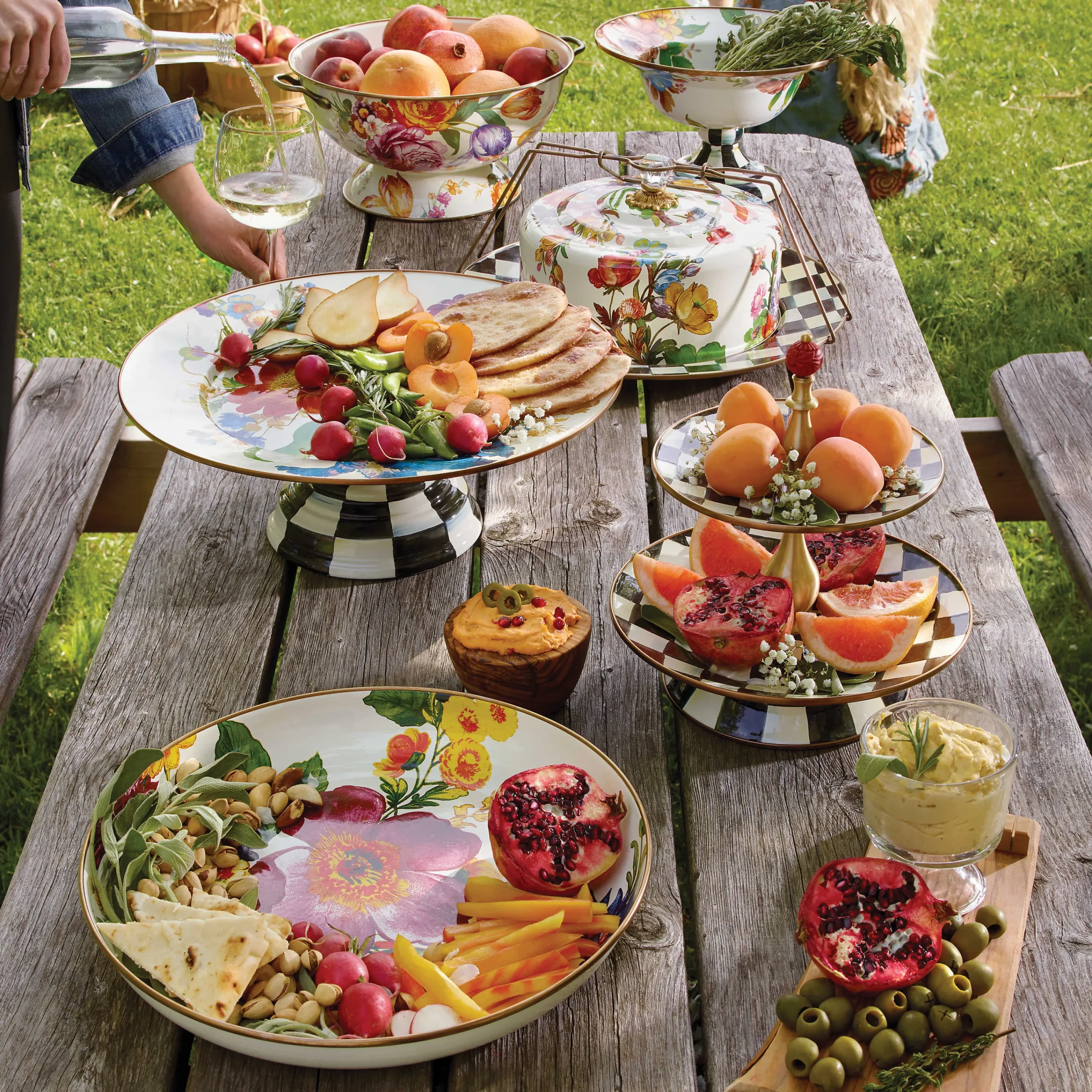 MacKenzie-Childs White Flower Market Large Pedestal Platter| Serveware