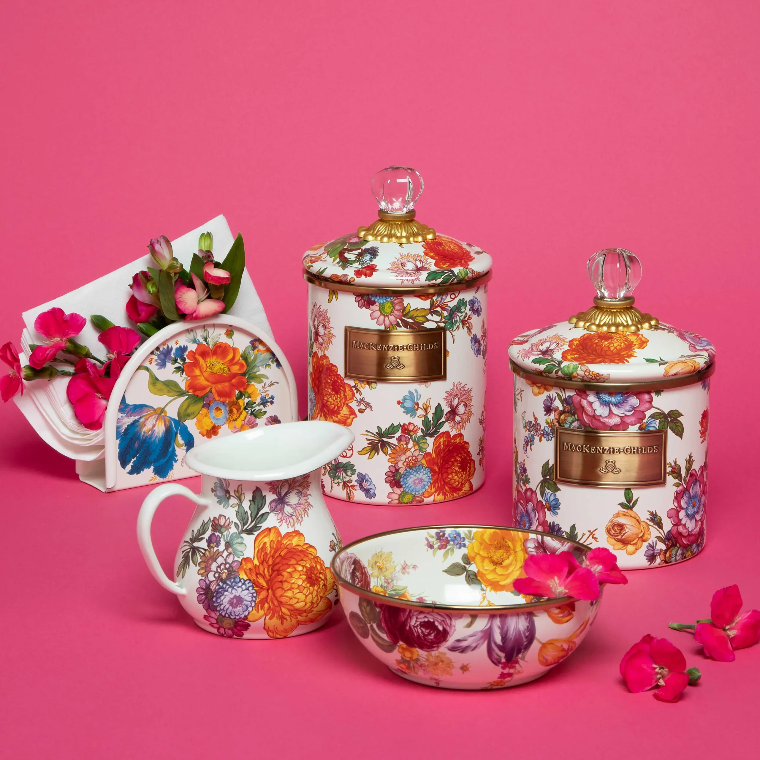 MacKenzie-Childs White Flower Market Medium Canister| Room Accents|Kitchen Storage & Organization