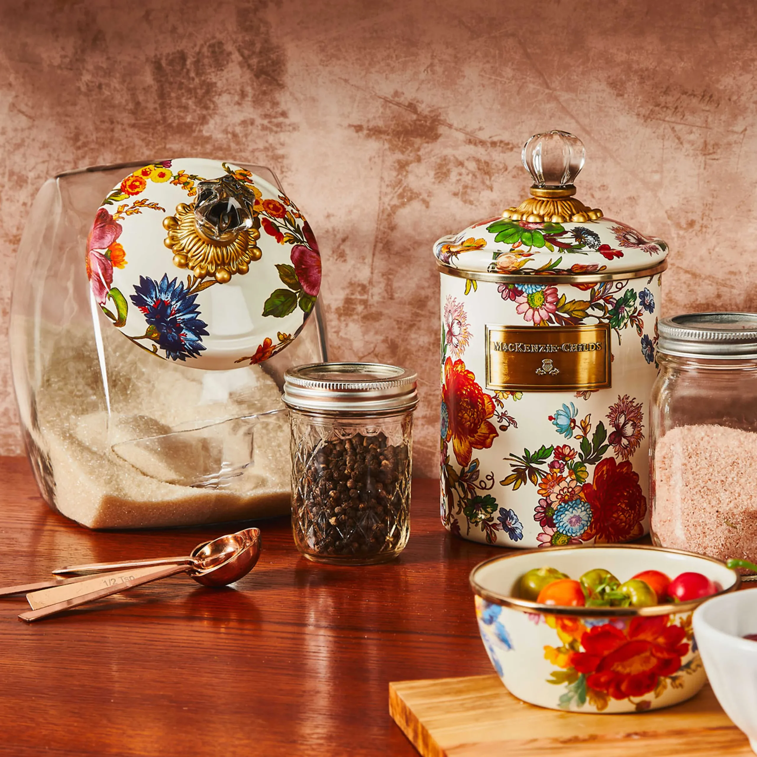 MacKenzie-Childs White Flower Market Medium Canister| Room Accents|Kitchen Storage & Organization