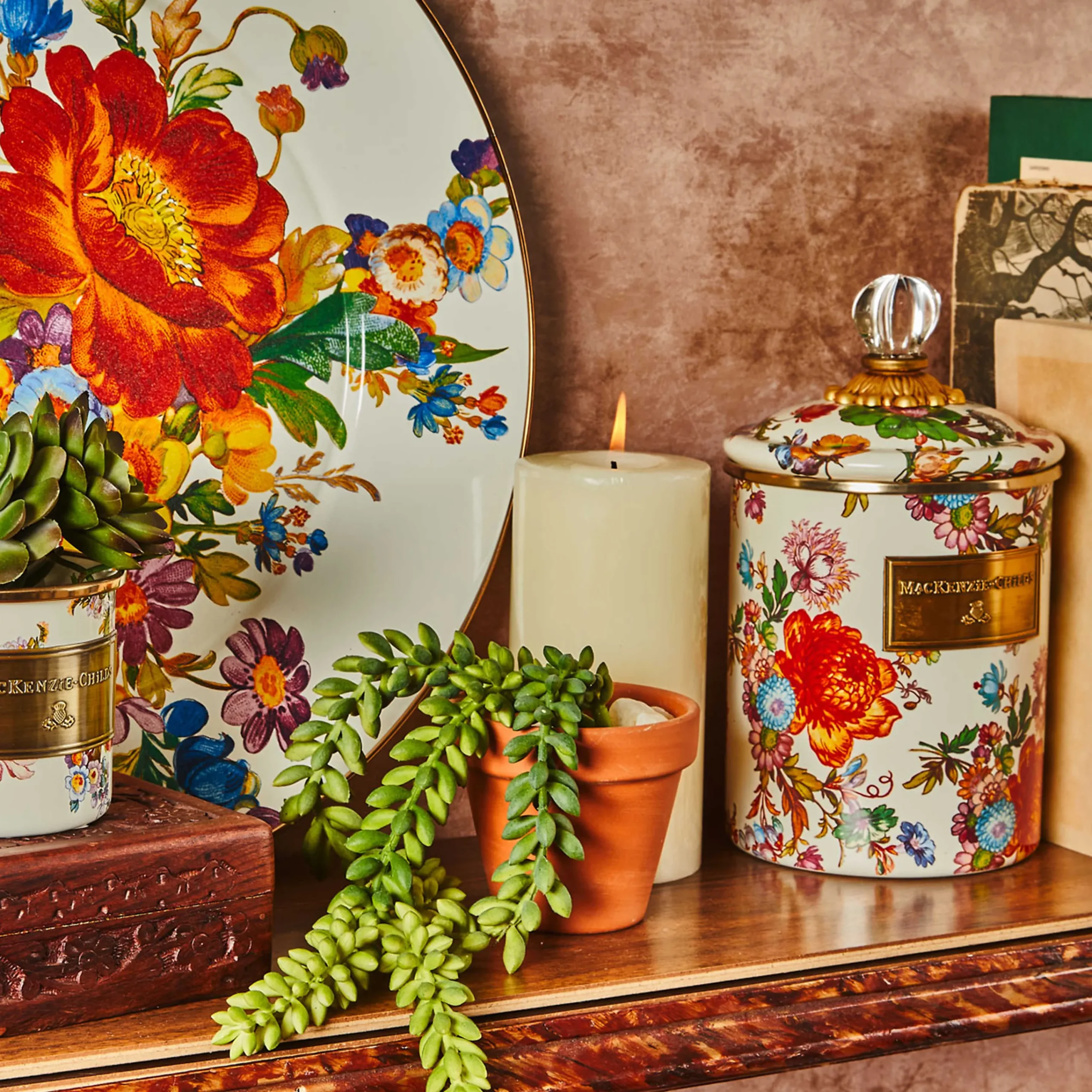MacKenzie-Childs White Flower Market Medium Canister| Room Accents|Kitchen Storage & Organization
