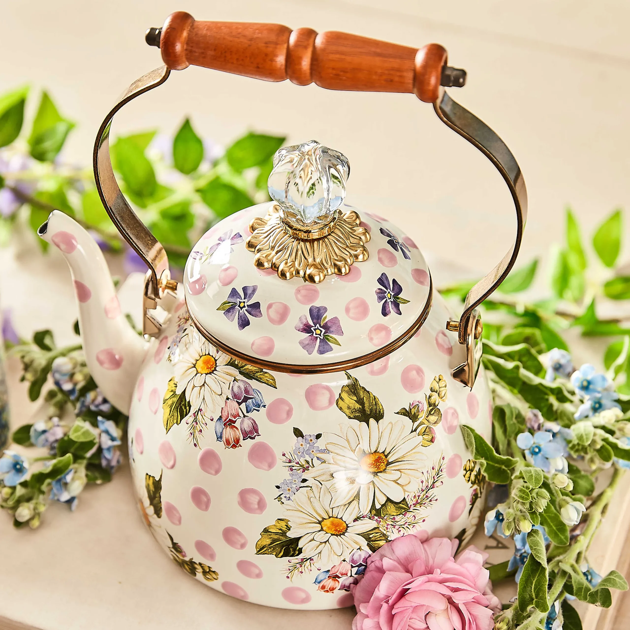 MacKenzie-Childs Wildflowers Pink 2 Quart Tea Kettle| The Coffee Shop|Serveware